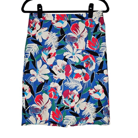 J Crew 2 Pencil Skirt Basketweave Blue Floral Tropical Cotton Office Career - Picture 2 of 10